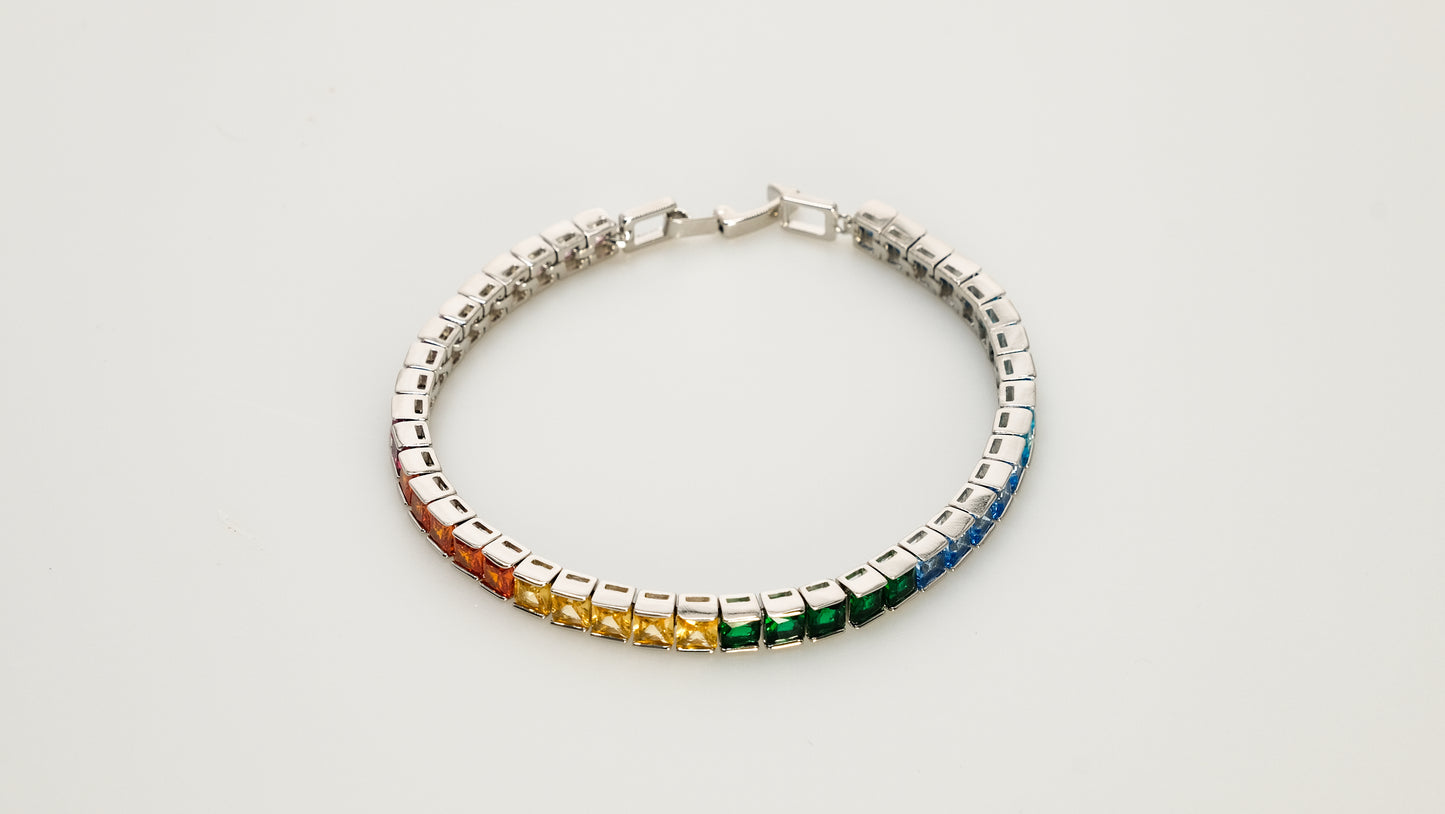 Copper plated 14k gold bracelet, white gold and silver, inlaid with colored zircon, rainbow unique design - Lyra