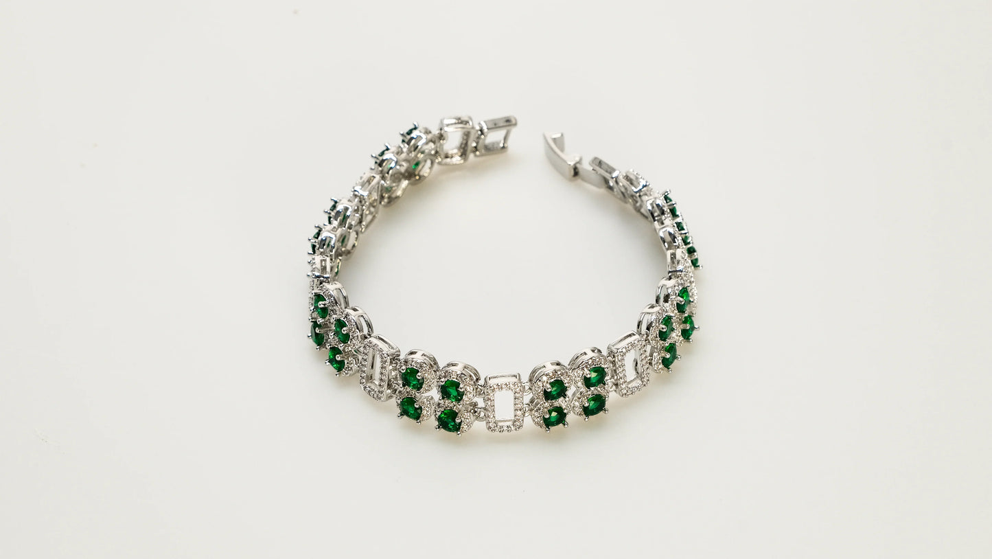 Copper plated 14k gold bracelet wholesale, white gold silver, emerald, blue zircon, clasp unique design - Lyra