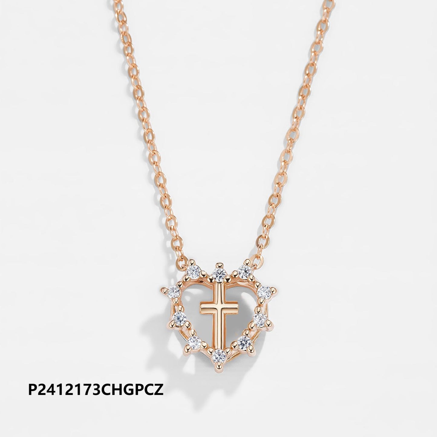 Wholesale copper-plated gold necklace, inlaid with 6A zircon, heart cross style