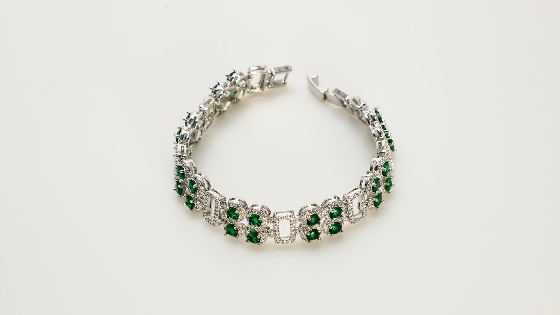Copper plated 14k gold bracelet wholesale, white gold silver, emerald, blue zircon, clasp unique design - Lyra