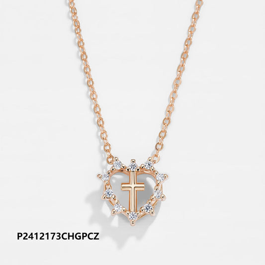 Wholesale copper-plated gold necklace, inlaid with 6A zircon, heart cross style